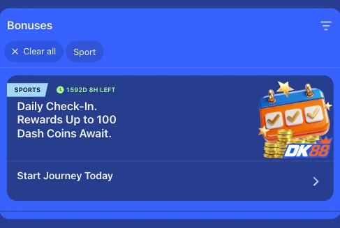 DK88 sports bonus screen showing the match percentage and wagering window