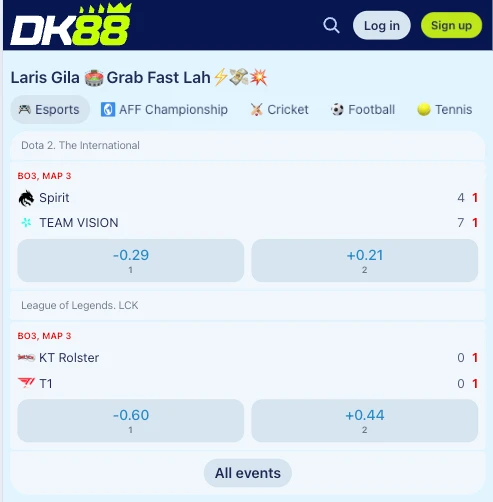 DK88 sportsbook screen listing football, tennis and basketball matches