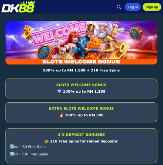 DK88 welcome bonus screen listing deposit match and free spins offers